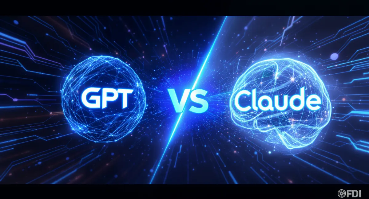 Abstract digital art visualization of AI neural networks competing - GPT, Gemini and Claude as glowing energy orbs in cyberspace