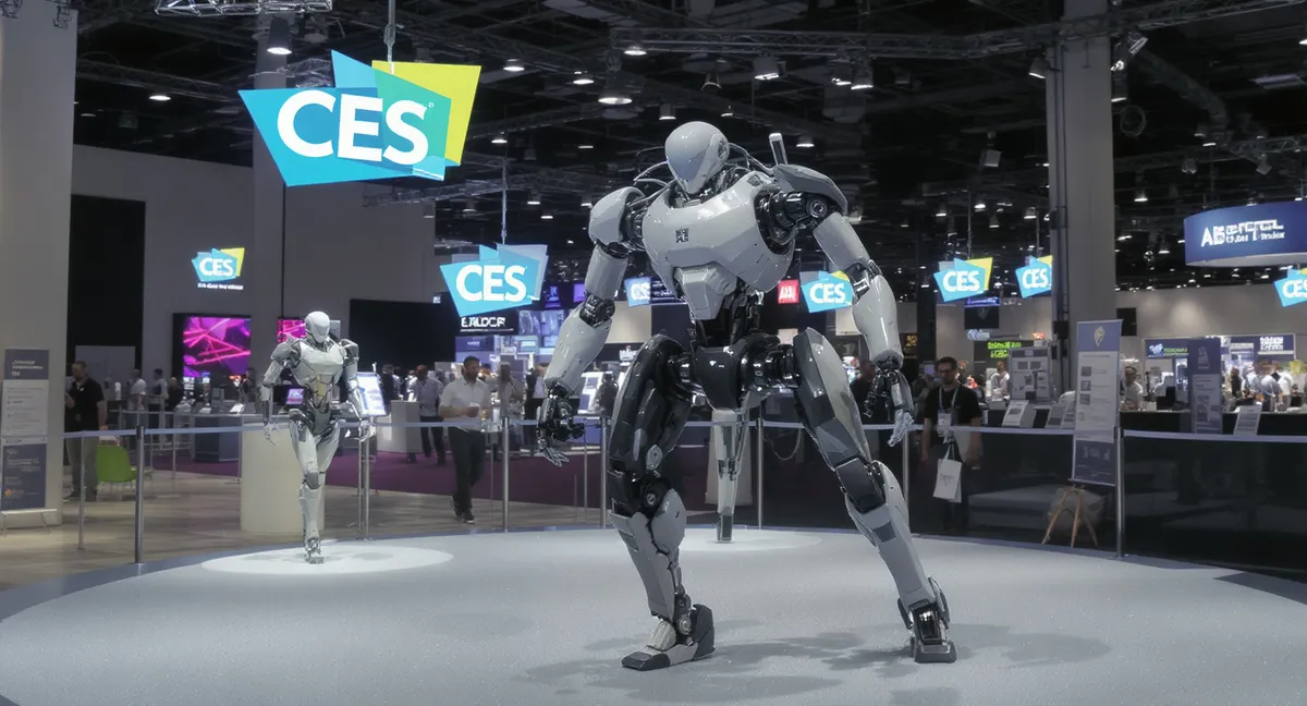 Humanoid robots showcase with futuristic bipedal robots in exhibition space